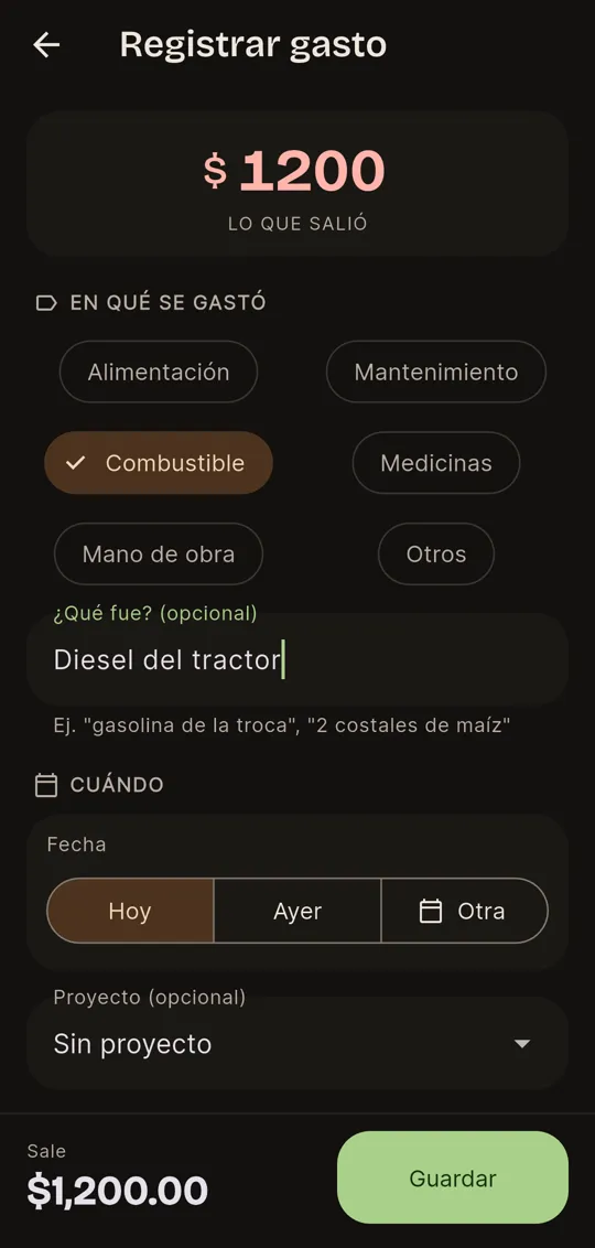 Registrar gasto: 1,200 pesos de combustible, diésel del tractor, con fecha de hoy