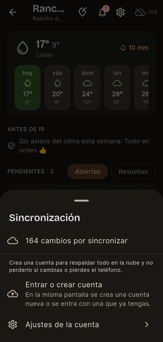 Sincronización: 164 cambios por sincronizar, con la opción de entrar o crear cuenta