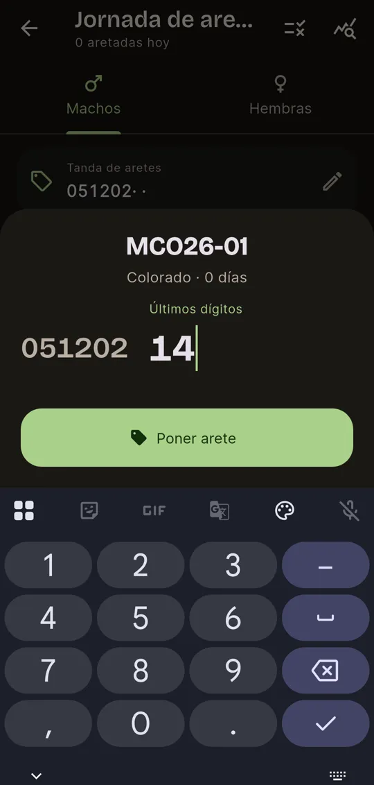 Jornada de aretado: la cría MC026-01 con la tanda 051202 y los últimos dígitos 14 a punto de guardarse