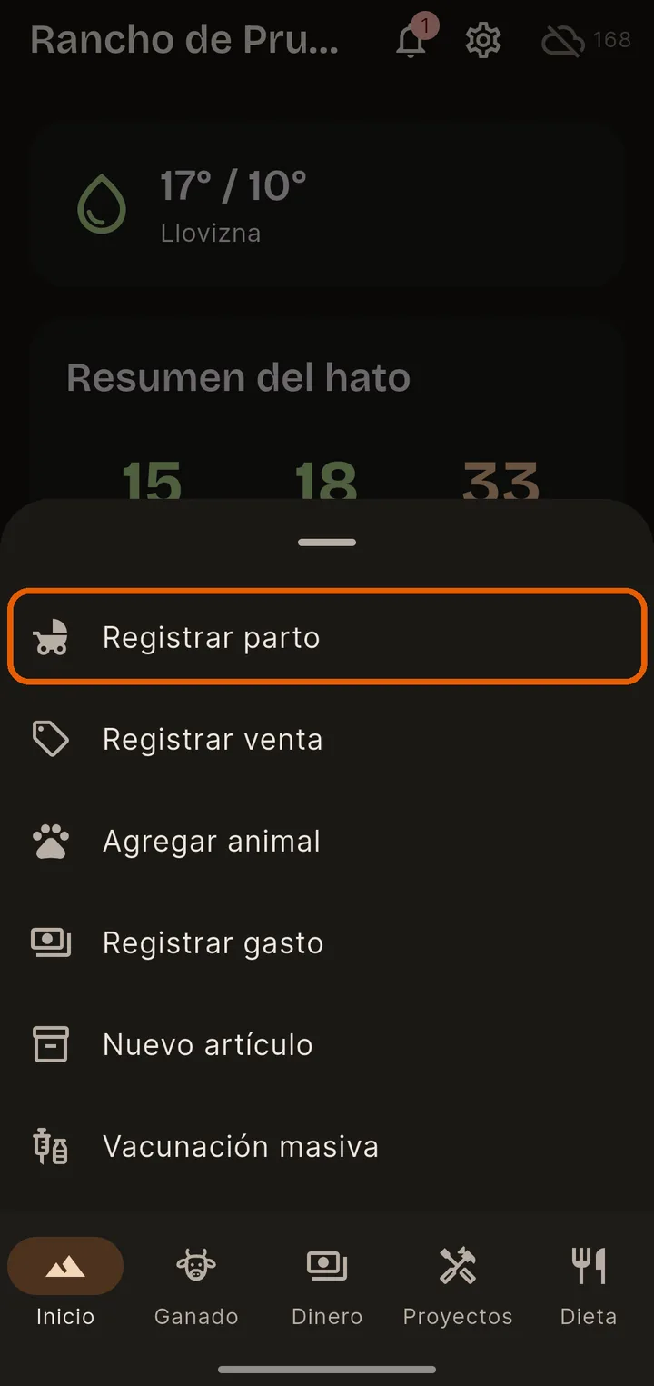 Escoge “Registrar parto”