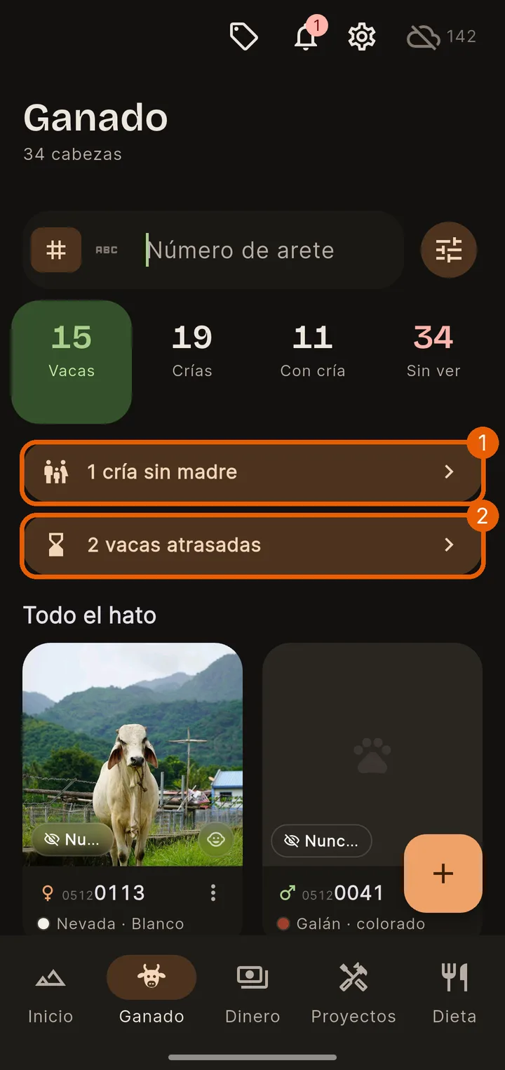 Arriba de la lista de Ganado
