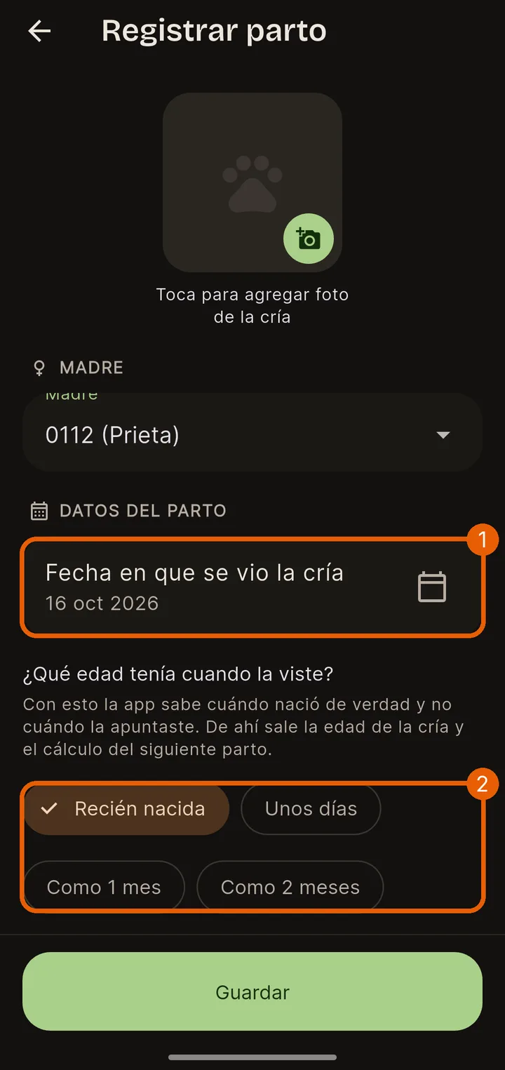 Revisa la fecha y la edad de la cría