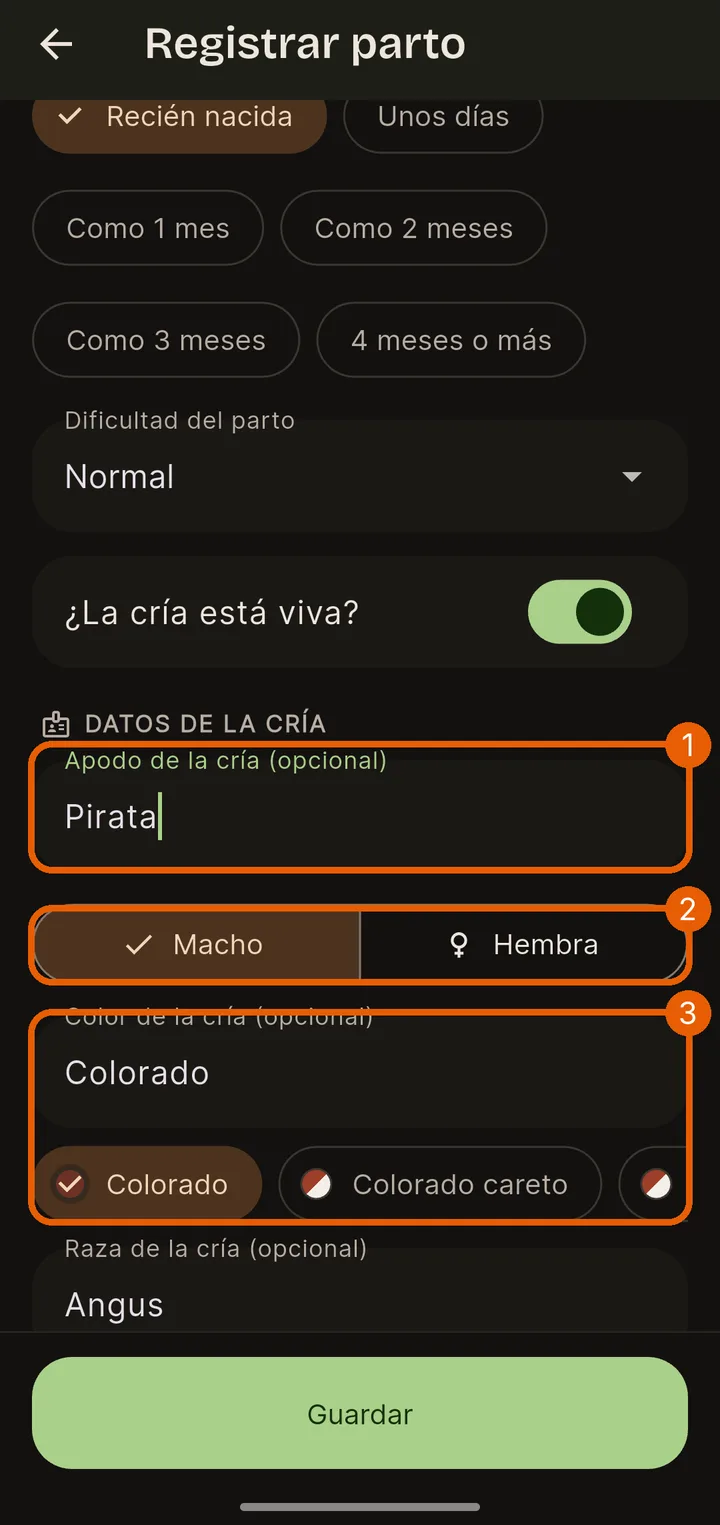 Los datos de la cría