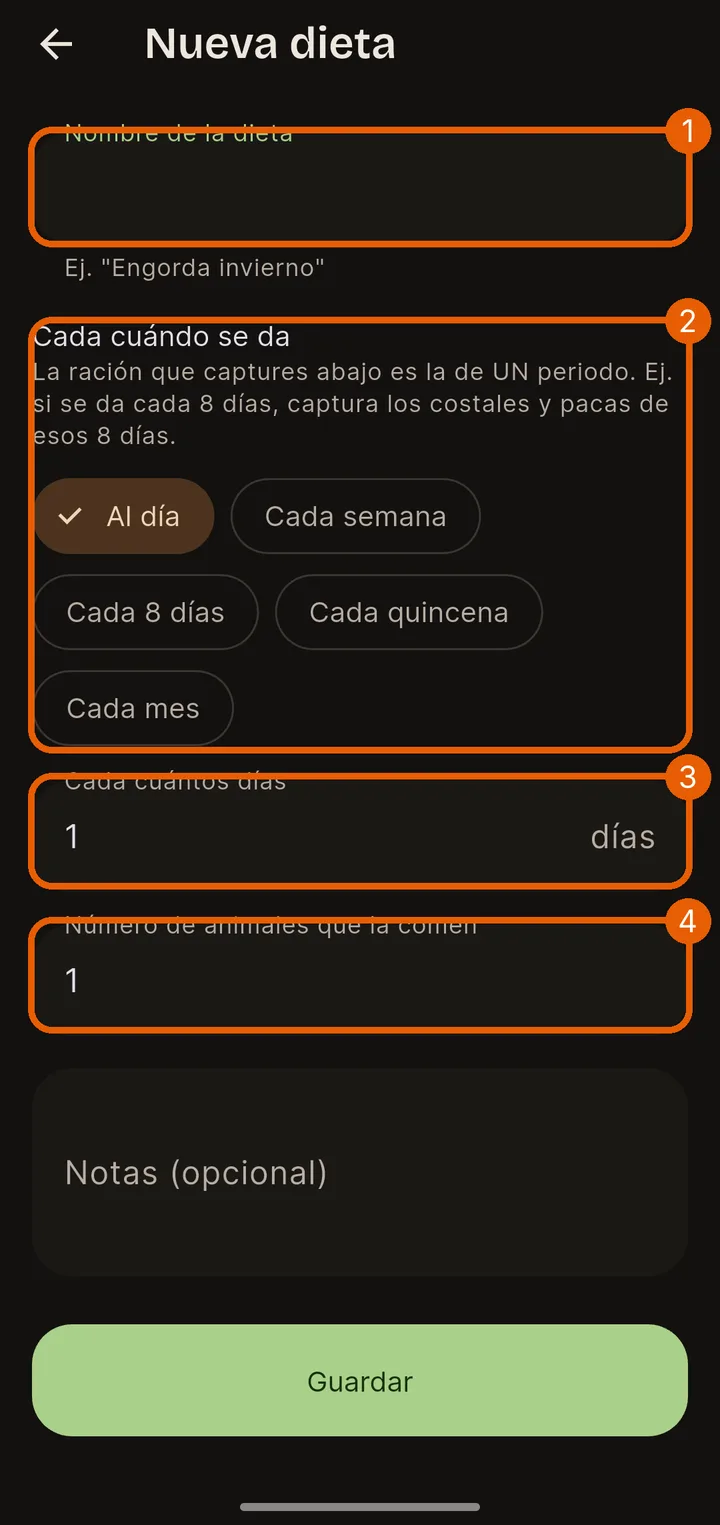Nombre, cada cuándo y cuántos animales