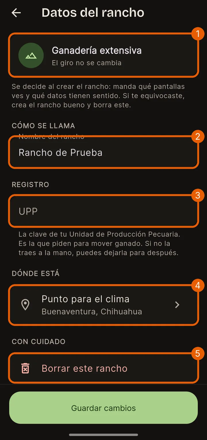 Ajustes → Datos del rancho