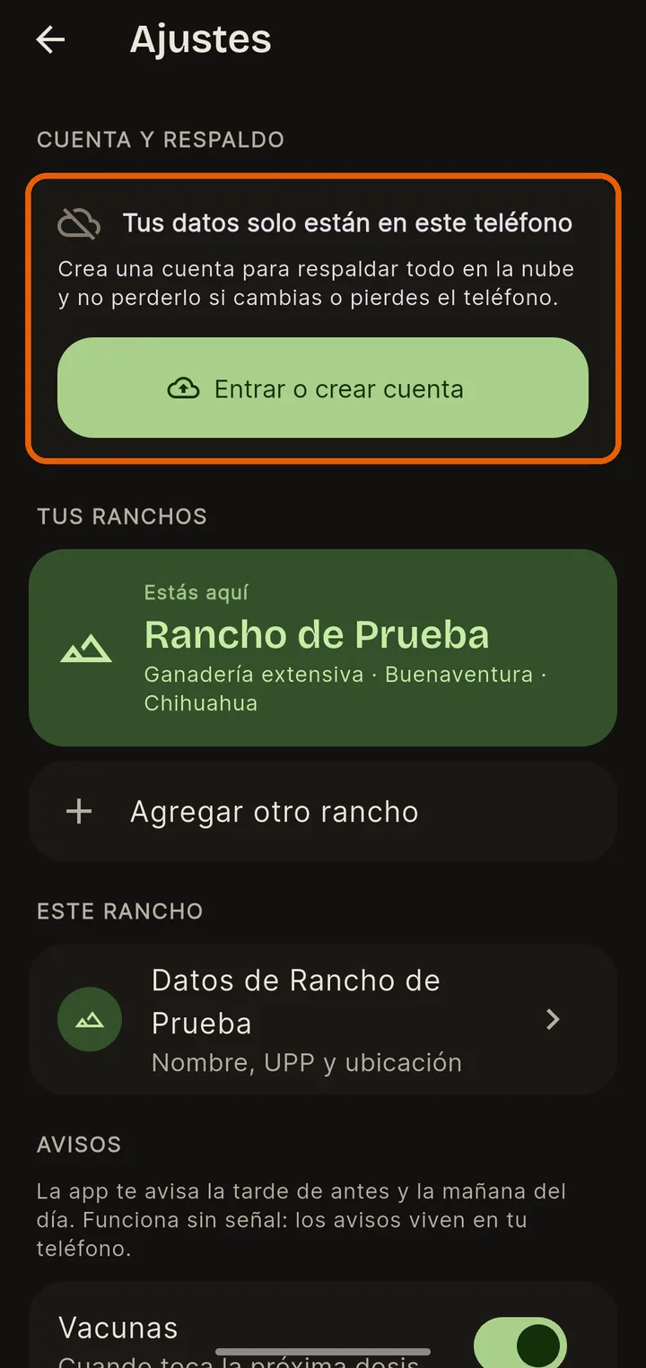 Ajustes → Entrar o crear cuenta