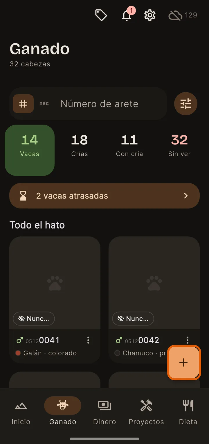 Ve a Ganado y toca el +